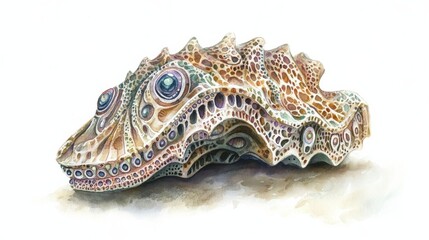 Poster - A colorful seashell with intricate patterns resting on a light surface in a coastal setting during daylight