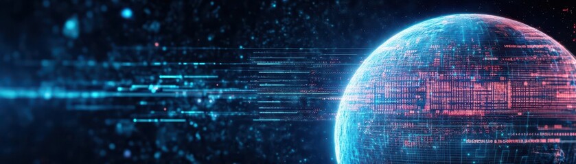 Poster - Holographic planet, glowing data lines, futuristic space background