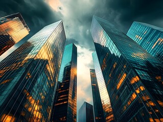 Poster - dramatic cityscape featuring a vibrant skyline of gleaming glass and steel skyscrapers reaching towa