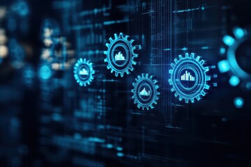 Poster - Innovation in business strategy, abstract digital gears and charts, blue neon lighting, dark background, hightech theme, digital painting