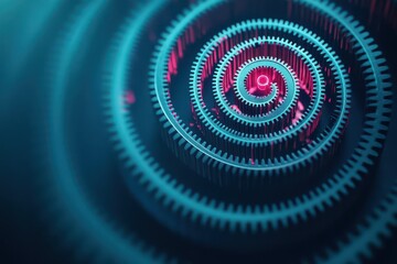 Poster - Industrial gears in a spiral formation, abstract, dark blue background, neon light accents, digital art, high contrast
