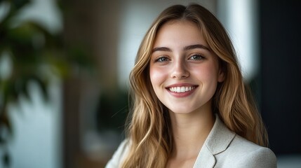 Sticker - Confident Young Woman Smiling in Modern Office Setting