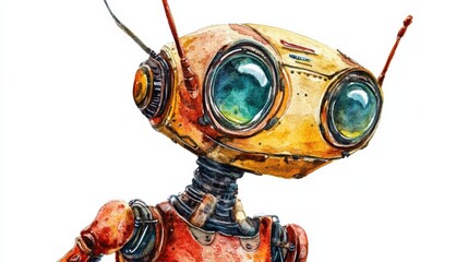 A whimsical robot character with large eyes and vintage design stands against a white background, showcasing its charming features and creativity