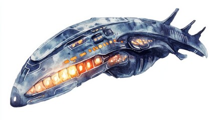 Poster - Futuristic spaceship designed for deep-space exploration, featuring sleek lines and advanced technology, floating against a blank backdrop