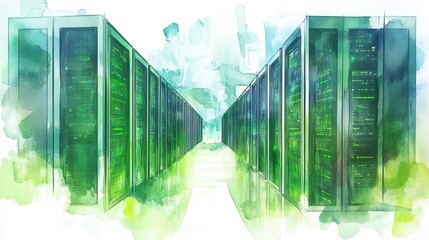 Aufkleber - A vibrant digital landscape showcasing server racks in a modern data center illuminated with green light during daylight