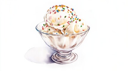 Poster - A glass bowl filled with three scoops of vanilla ice cream topped with colorful sprinkles on a bright surface