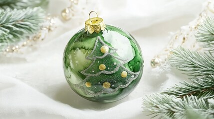 Aufkleber - Beautiful green Christmas ornament featuring a tree design, nestled among festive greenery, creating a holiday atmosphere