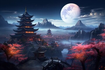 Wall Mural - Futurepunk oriental background architecture landscape building.