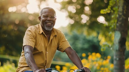 Poster - A smiling man is riding a bike in a park