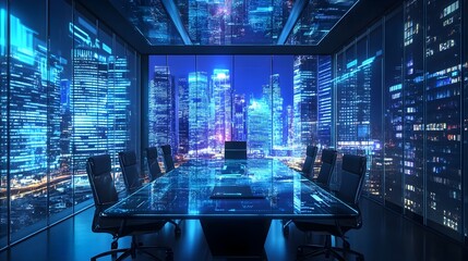 Poster - Futuristic corporate office interior featuring holographic meeting tools and advanced technology for a business strategy session