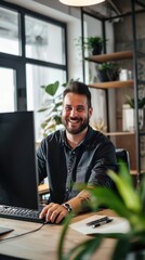 Poster - A man is sitting at a desk with a computer and smiling
