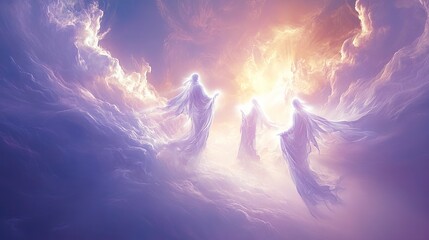 Poster - Ethereal beings in a luminous sky above dreamy clouds during twilight, representing spiritual connection and enlightenment