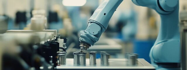 Poster - robotic arm assembling components in a modern manufacturing facility during daylight hours