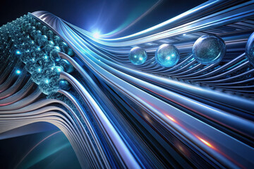 Poster - A dynamic swirl of futuristic blue waves and glowing spheres creates an immersive atmosphere of technology and innovation. Generative AI