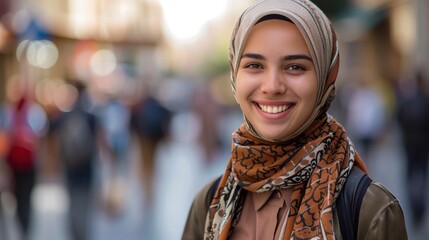 Poster - A smiling woman wearing a scarf and a brown jacket