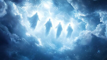 Wall Mural - enigmatic figures emerge from luminous clouds during twilight, creating a mystical atmosphere in the
