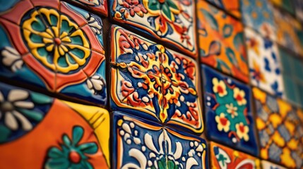 Poster - Colorful hand-painted tiles decorate a wall in a vibrant pattern showcasing cultural craftsmanship and artistic heritage
