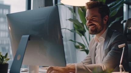 Fototapete - A man is sitting at a desk with a computer monitor in front of him