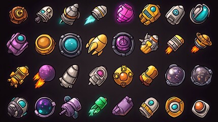 A set of 32 colorful cartoon spaceship icons, perfect for game development and app design.