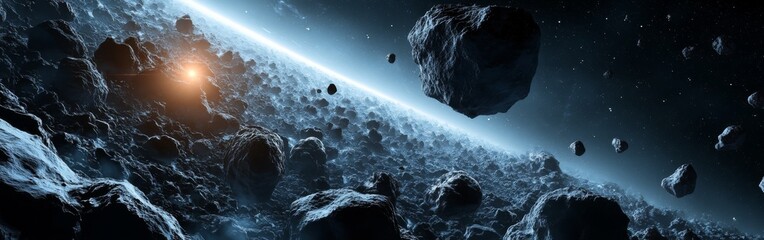 Aufkleber - A mesmerizing view of an asteroid belt illuminated by distant stars in the vastness of space during a serene cosmic night