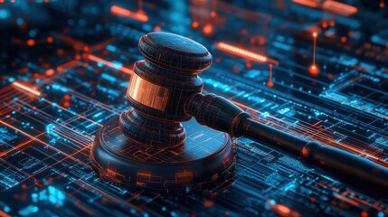 Poster - A courtroom gavel in a modern digital jurisdiction concept, AI and digital technology challenges with legal compliance