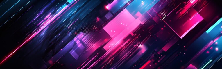 Poster - Vibrant abstract digital design featuring glowing lines and shapes in shades of blue, pink, and purple on a dark background