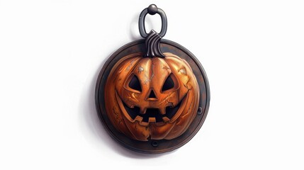Poster - A pumpkin with a scary face is hanging from a chain