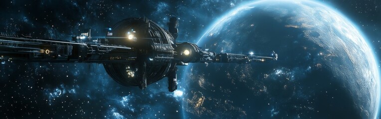 Poster - A futuristic spacecraft travels through the vastness of space with Earth visible in the background during a serene cosmic moment