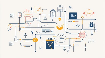 Aufkleber - Abstract digital illustration of interconnected technology symbols on a light background representing data flow and analysis