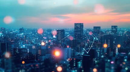 Aufkleber - Aerial view of a vibrant urban skyline at twilight with illuminated buildings and network connections in the city