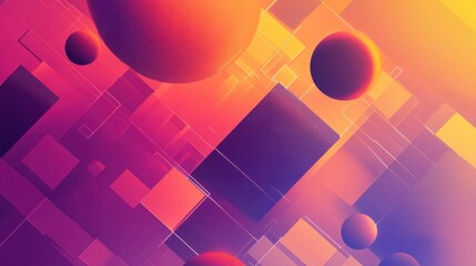Aufkleber - Colorful abstract geometric shapes and spheres floating in a vibrant surreal background during a sunset-like scene