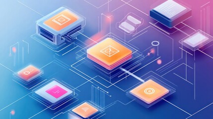Aufkleber - Digital graphic illustrating interconnected technology components and networks in a futuristic design with vibrant colors and abstract shapes