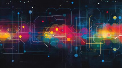 Poster - colorful abstract design featuring geometric shapes and vibrant dots evoking a sense of digital crea
