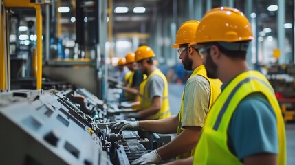 Poster - workers in safety vests and hard hats operate machinery in a busy manufacturing plant during daytime