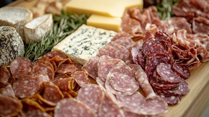Poster - A beautifully arranged charcuterie board featuring various cured meats, cheeses, and herbs in a rustic setting