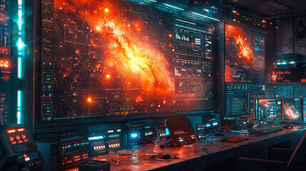 Poster - Futuristic Workspace with Glowing Screens and Sparkling Particles, Sci-Fi Digital Art of High-Tech Control Room at Night, Concept of Advanced Technology and Data Visualization