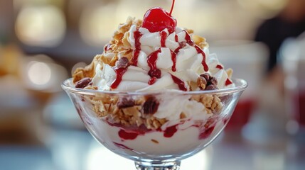 Poster - Delicious dessert featuring whipped cream, cherries, and granola served in a clear bowl at a sunny cafe