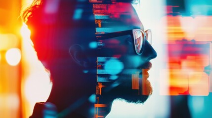 Poster - A young man with glasses is immersed in vibrant digital data visualization at a modern office space during late evening hours