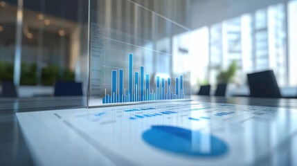 Poster - Modern office space showcasing a digital bar graph and pie chart on a clear presentation stand during a business meeting