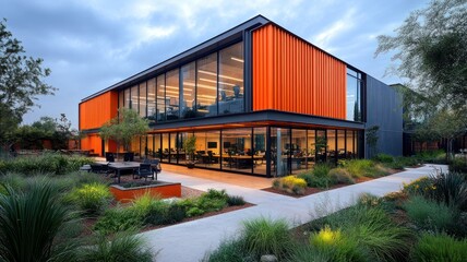 Modern office building with large windows and landscaped surroundings.