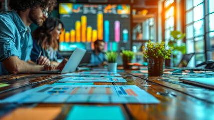 Poster - Strategic Business Meeting in Modern Conference Room, Professionals Analyzing Data and Discussing Market Trends, Collaborative Teamwork, Bright Daylight Setting, Engaged Workforce