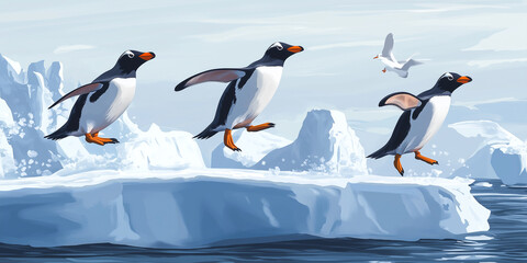 Penguin leaping out of water onto ice shelf with others, animal illustration