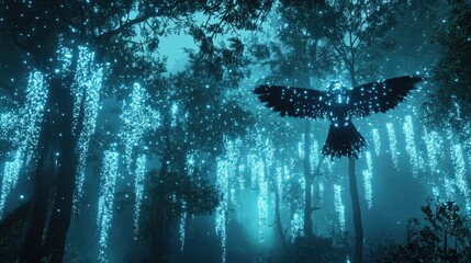 Poster - In a mesmerizing twilight forest, a robotic bird glides among illuminated trees, creating a dazzling spectacle of technology merging with nature