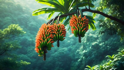 Wall Mural - Lush Tropical Forest with Bunch of Green Bananas Hanging from Vibrant Foliage