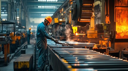 Canvas Print - Skilled worker operating machinery in a busy metal workshop during manufacturing hours