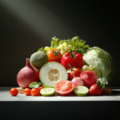 Fresh vegetables and fruits arranged beautifully, showcasing vibrant array of colors and textures. This organic harvest highlights importance of biodiversity in our diets