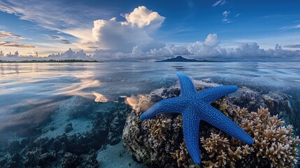 Wall Mural - A vibrant blue starfish perched on a coral reef in a shallow, turquoise sea. The sun is setting over a distant island and reflecting in the water.