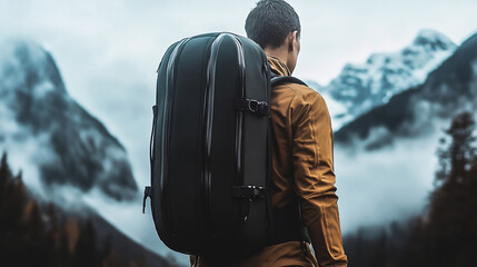 a man wearing a very simple modern black packpack, gray background, mountains background