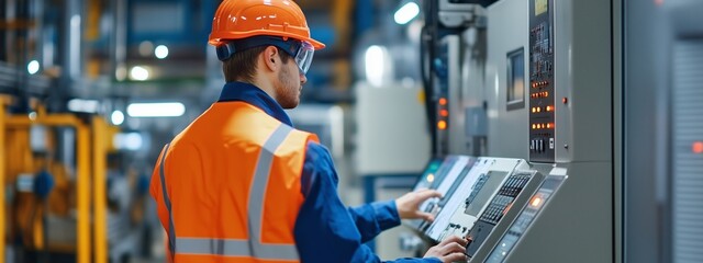 Poster - worker controlling industrial machinery in a manufacturing facility during the day while wearing saf