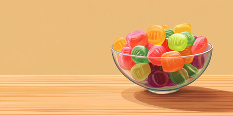 Poster - Glass bowl filled with hard candies, displayed on a wooden table, sweet illustration